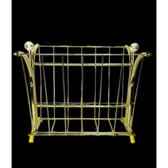 Vintage Other - VTG MCM Gold Brass Tone Magazine Holder Porcelain Floral Ball Hollywood Regency